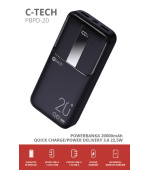 C-TECH Powerbanka 20000mAh, Li-Pol, 22,5W, USB-C/USB-A/micro USB