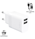 Set nabíječky FIXED s 2xUSB výstupem a USB/Lightning kabelu, 1 metr, 17W Smart Rapid Charge, bílá