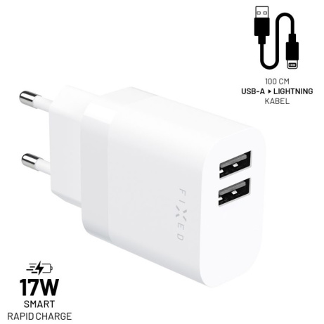 Set nabíječky FIXED s 2xUSB výstupem a USB/Lightning kabelu, 1 metr, 17W Smart Rapid Charge, bílá