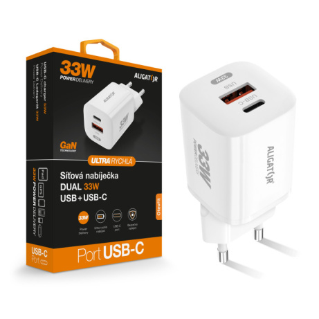 Chytrá GaN síťová nabíječka ALIGATOR Power Delivery 33W, USB-C + USB-A, bílá