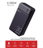 C-TECH Powerbanka 30000mAh, Li-Pol, 20W, USB-C/USB-A/micro USB