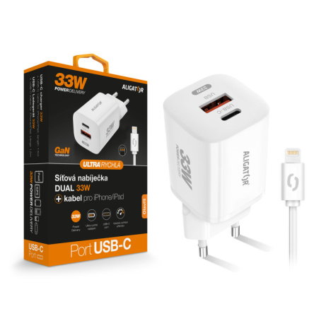 Chytrá GaN síťová nabíječka ALIGATOR Power Delivery 33W, USB-C + USB-A, USB-C kabel pro iPhone, bílá