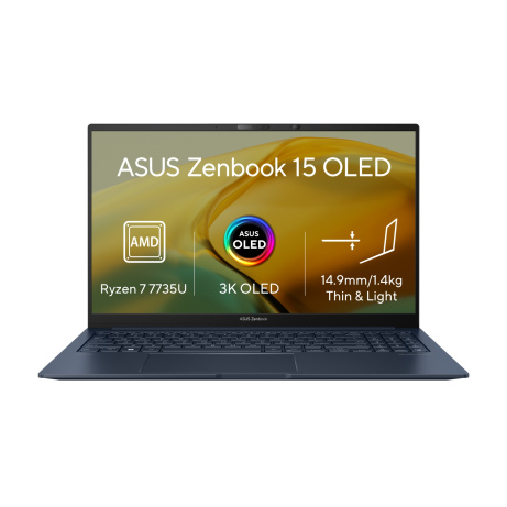 ASUS Zenbook 15 OLED/UM3504DA/R7-7735U/15,6"/2880x1620/16GB/1TB SSD/AMD int/W11H/Blue/2R