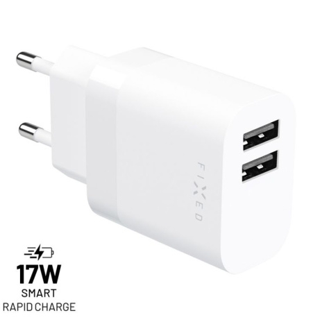 Síťová nabíječka FIXED s 2xUSB výstupem, 17W Smart Rapid Charge, bílá