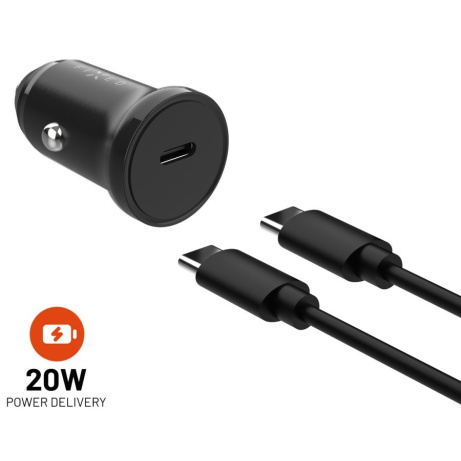 Set autonabíječky FIXED s USB-C výstupem a USB-C/USB-C kabelu, podpora PD, 1 metr, 20W, černá