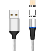 PremiumCord Magnetický micro USB a USB-C nabíjecí a datový kabel 1m, stříbrný