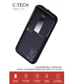 C-TECH Powerbanka 10000mAh, Li-Pol, 22,5W, USB-C/USB-A/micro USB