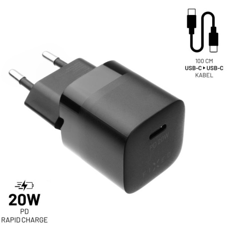 Set nabíječky FIXED Mini s USB-C výstupem a USB-C/USB-C kabelu, podpora PD, 1 metr, 20W, černý