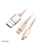 AKASA kabel 2v1 USB Type-A na Micro-B a USB Type-C, 120cm, zlatý