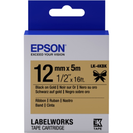 Epson zásobník se štítky – saténový pásek, LK-4KBK černá / zlatá, 12 mm (5 m)