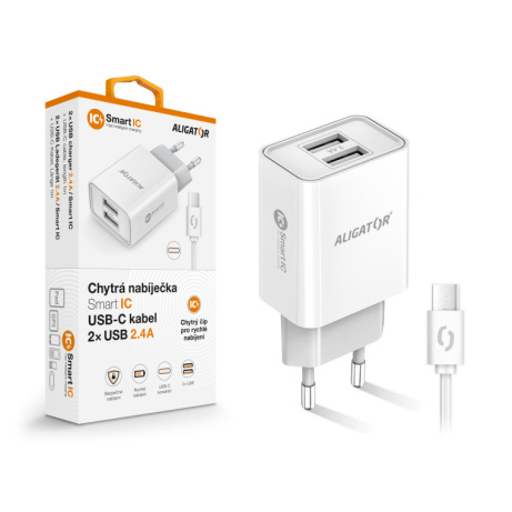 Chytrá síťová nabíječka ALIGATOR 2,4A, 2xUSB, smart IC, bílá, USB-C kabel