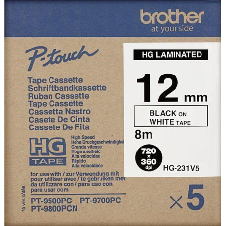 BROTHER HGE-231V5 Labelling Supplies, 12mm Black/White (5 pcs Pack) High Grade Tape