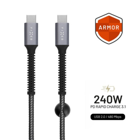 Odolný kabel FIXED Armor s konektory USB-C/USB-C a podporou PD, 2m, USB 2.0, 240W, šedý