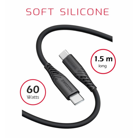 DATOVÝ KABEL SWISSTEN SOFT SILICONE USB-C / USB-C 1,5 M 60W ČERNÝ