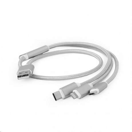 GEMBIRD Kabel USB A Male/Micro B + Type-C + Lightning, 1m, opletený, stříbrný, blister