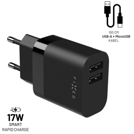 Set nabíječky FIXED s 2xUSB výstupem a USB/micro USB kabelu, 1 metr, 17W Smart Rapid Charge, černá