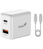 GENIUS nabíjecí set PD-20ACP, 20W, rychlé nabíjení, USB-C PD3.0, USB-A QC3.0, 1m kabel USB-C USB-C, bílá