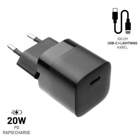 Set nabíječky FIXED Mini s USB-C výstupem a USB-C/Lightning kabelu, podpora PD, 1 metr, 20W, černý