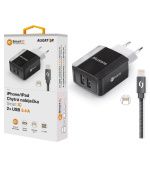 Chytrá síťová nabíječka ALIGATOR 3.4A, 2xUSB, smart IC, černá, kabel pro iPhone/iPad 2A