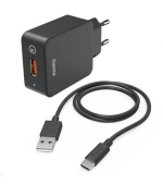 Hama set: rychlá USB nabíječka QC 3.0 19,5 W + kabel USB A-C 1,5 m