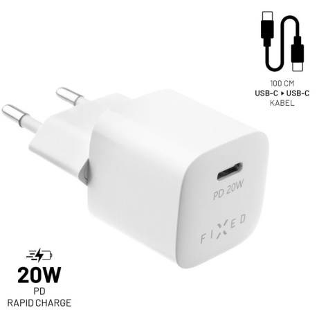 Set nabíječky FIXED Mini s USB-C výstupem a USB-C/USB-C kabelu, podpora PD, 1 metr, 20W, bílý