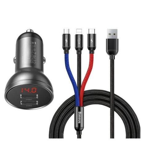 Baseus rychlonabíječka do auta 2xUSB 4,8A 24W s displejem + 3v1 kabel černá