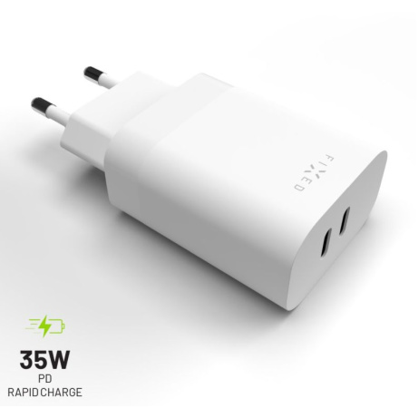 Síťová nabíječka FIXED s 2x USB-C výstupem, podpora PD, 35W, bílá