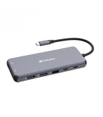 VERBATIM Hub USB-C Pro Multiport 14 Port, 5x USB-A, 2x USB-C, 2x HDMI, 1xVGA, RJ45, 3.5mm Jack audio, microSD/SD, šedá