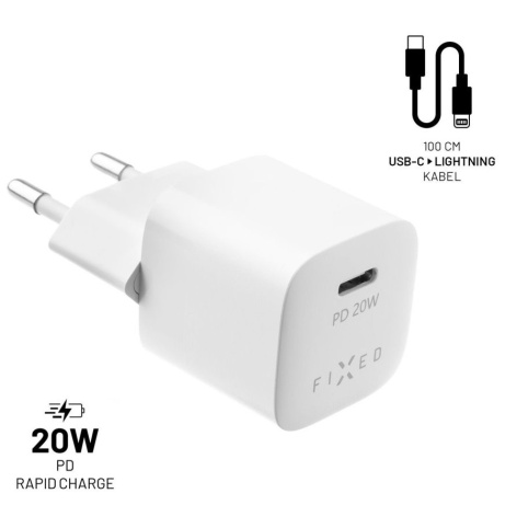 Set nabíječky FIXED Mini s USB-C výstupem a USB-C/Lightning kabelu, podpora PD, 1 metr, 20W, bílý