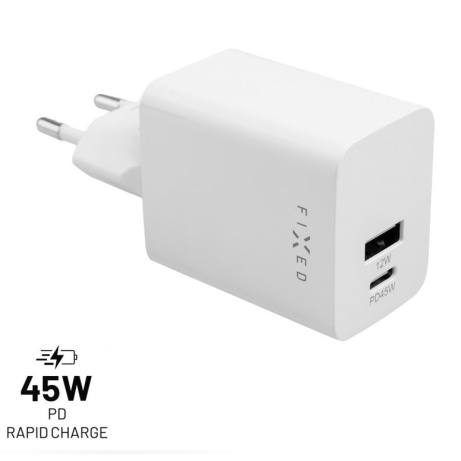 Síťová nabíječka FIXED Mini s USB-C a USB výstupem, podpora PD, 45W, bílá