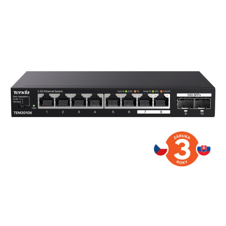 Tenda TEM2010X - Multi-gigabit switch, 8x 2.5G RJ45 + 2x 10G SFP+ port, MAC 16K, ochrana 6kV